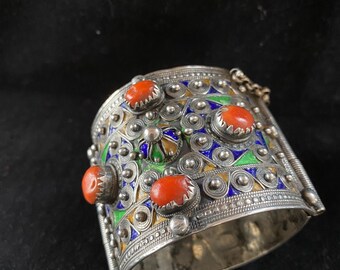 Bracelet Ancien Berbère En Argent Massif - Émaillé Traditionnel Ben Yenni - Occasion