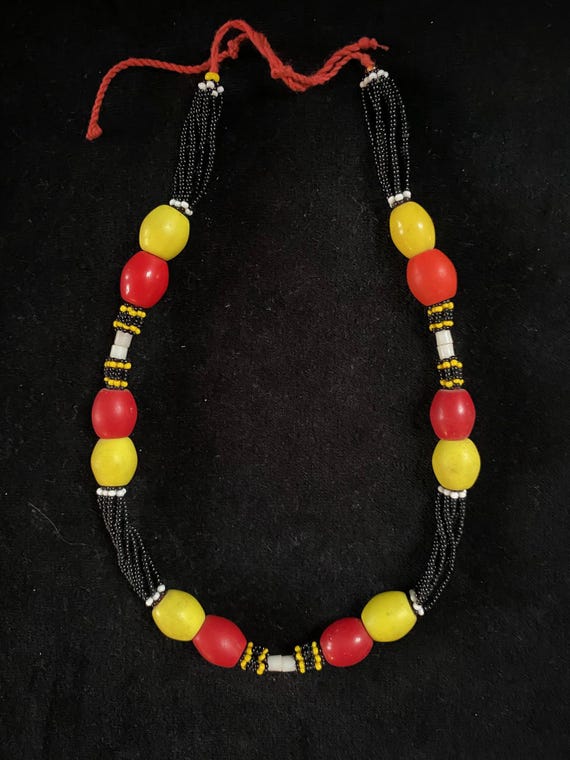 Collier Ethnique à Grosses Perles De Bois Et Franges Raphia - Style Mali/Peul - Occasion