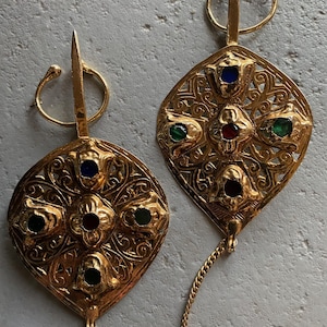 Foulet Khamsa, Hamsa , Hand of Fatima , old gold plated silver Pendants/Fibulas Morocco with glass cabochons early 1900s