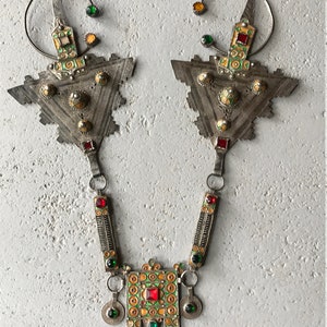 Pair of Silver Vintage Berber Fibulae Tiznit- TIZERZAI - Anti-Atlas ,Silver Glass and Enamel, Moroccan Jewelry, Pectoral Adornment