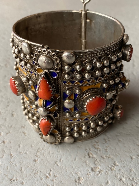 Bracelet Ancien En Argent Massif Émaillé - Style Traditionnel Ben Yenni - Occasion