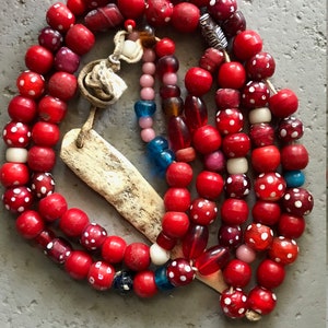 Ethiopian protective necklace, a mix of Venetian &quot;skunk&quot;red glass beads and old Bohemian glass beads