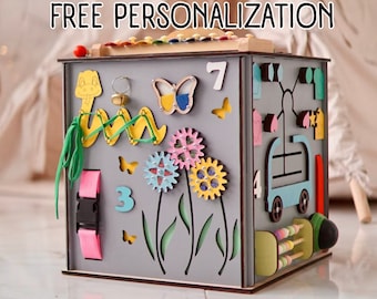 Personalized Baby Cube, Wooden Activity Cube, Motorikboard, Motorikbrett, Montessori Activity Center, Montessori Activity Cube,Activity cube