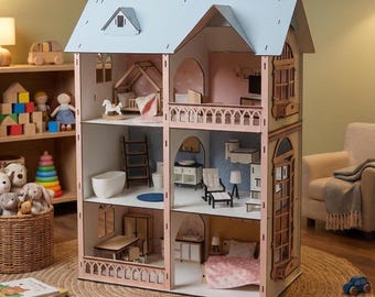 Wooden Dollhouse Kit for 19 cm Dolls, DIY First Doll House, Parent Child Activity Toy, Montessori Gift for 2 Year Old Girl