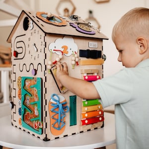 Interactive busy house, wooden busy house, toy for toddler, montessori house, busy board house, busy for toddler, wooden activity kids toy