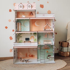 Pink wood dollhouse, modern doll house, playhouse for dolls, kids play doll house, dollhouse for girls, pink dollhouse, dollhouse play set