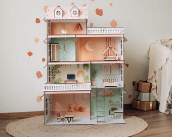 Roze houten poppenhuis, modern poppenhuis, speelhuis voor poppen, kinderspeelpoppenhuis, poppenhuis voor meisjes, roze poppenhuis, poppenhuisspeelset
