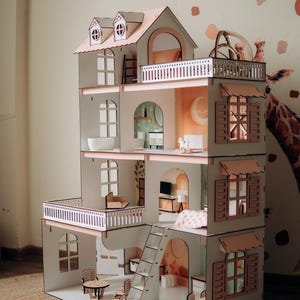 Pink toddler doll house, handmade dollhouse, dollhouse play set, kids wooden toys, dollhouse with swing, wooden playset, girl doll house