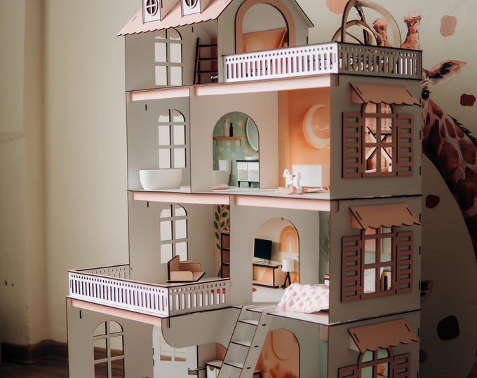 Pink toddler doll house, handmade dollhouse, dollhouse play set, kids wooden toys, dollhouse with swing, wooden playset, girl doll house