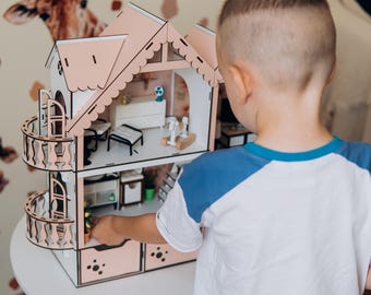 Kit de casa de muñecas de madera para muñecas pequeñas de 9 cm, casa de muñecas compacta para armar con muebles, regalo Montessori para niños pequeños.