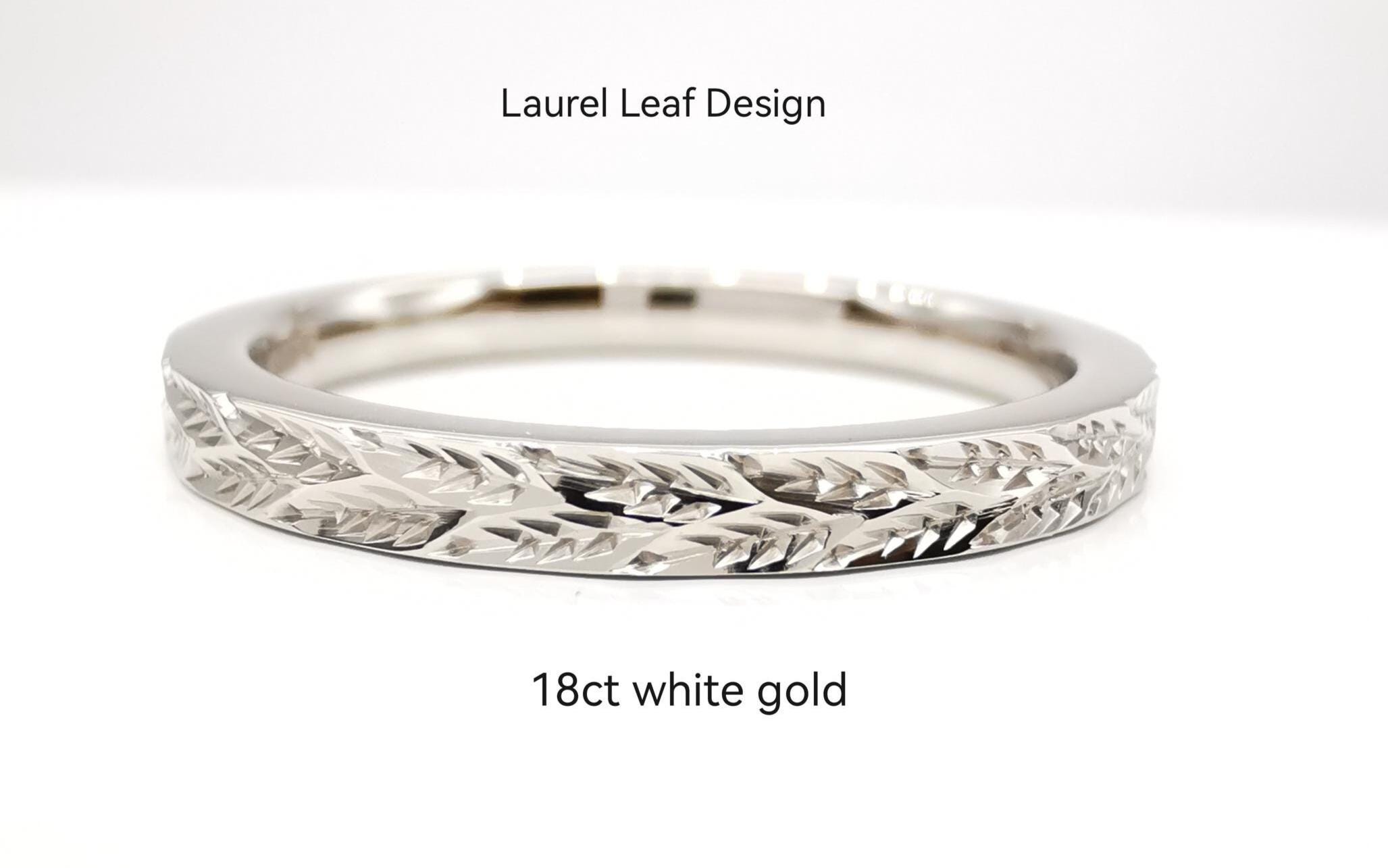 Hand Engraved Laurel Leaf Ring, 2mm Band, Sterling Silver 