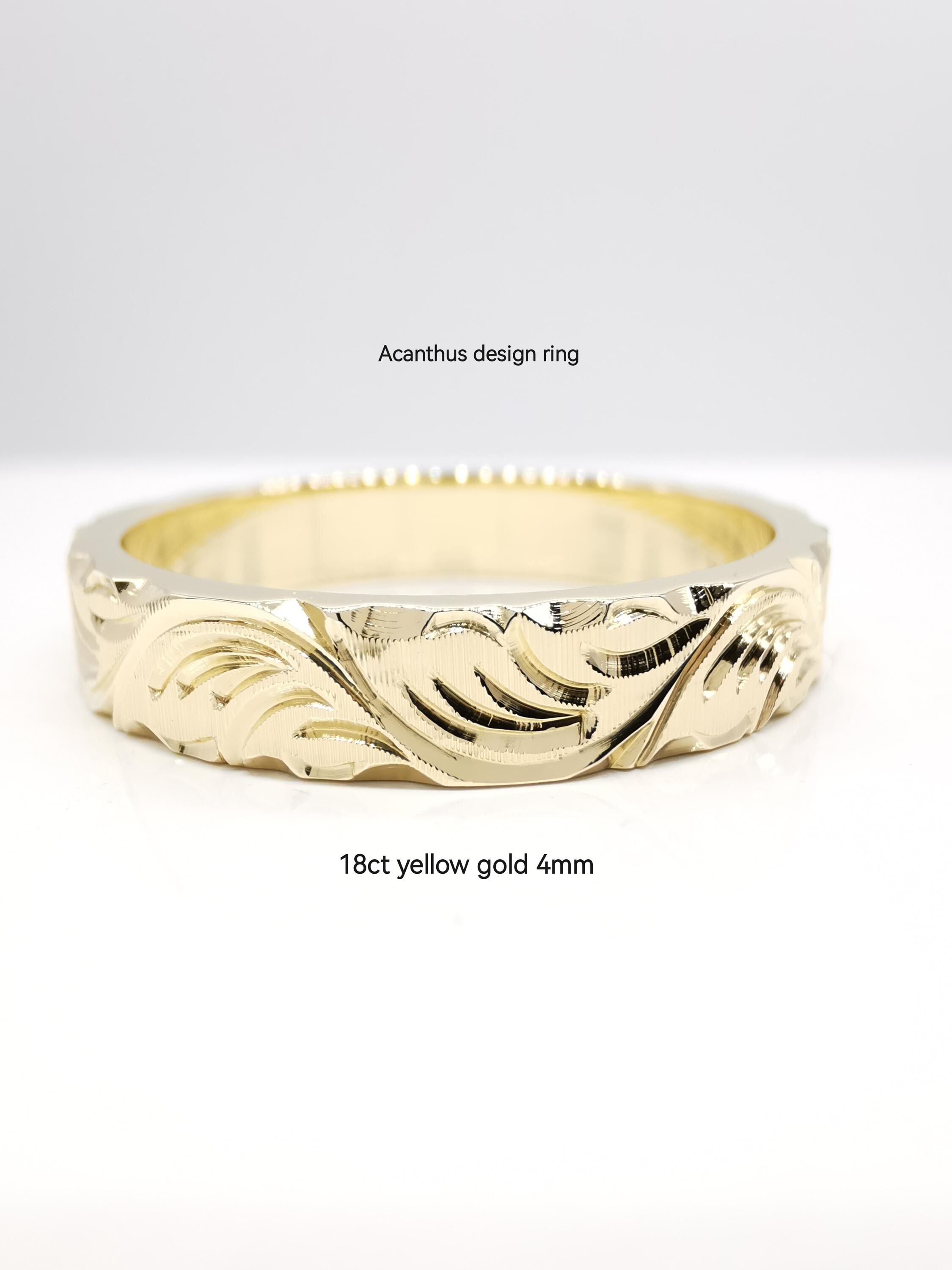 Acanthus Leaf Antique Style Ring, Hand Engraved 4mm Ring Acanthus Leaf Antique Style Ring, Hand Engraved 4mm Ring