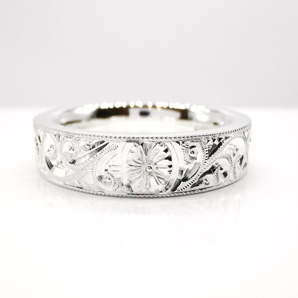 Emma - Flower & Wriggled Scroll Hand Engraved Ring 5mm in 950 Platinum, 18ct and 9ct White, Rose or Yellow Gold, 925 Sterling Silver