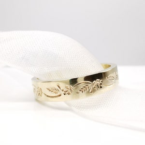 Rosie - Rose Flower & Leaf Hand Engraved Ring 4mm available in 950 Platinum, 18ct White. Rose or Yellow Gold and 925 Silver Silver