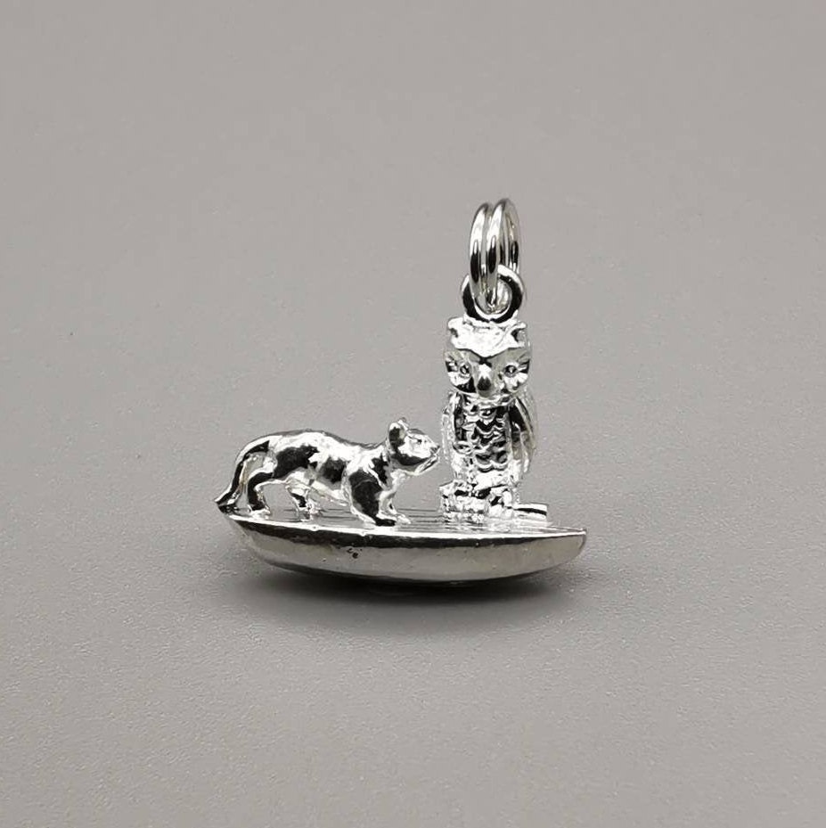 The Owl & The Pussy-Cat Charm Pendant in solid 925 Sterling Silver Vintage Style new