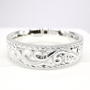 Edmund-Traditional Scroll Milled Edge Hand Engraved Ring 6mm available in 950 Platinum 18ct & 9ct yellow or white Gold and Sterling Silver