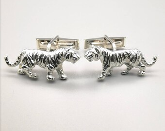 925 Sterling Silver Tiger Cufflinks (personalise with initials & a date on the swivel for FREE)