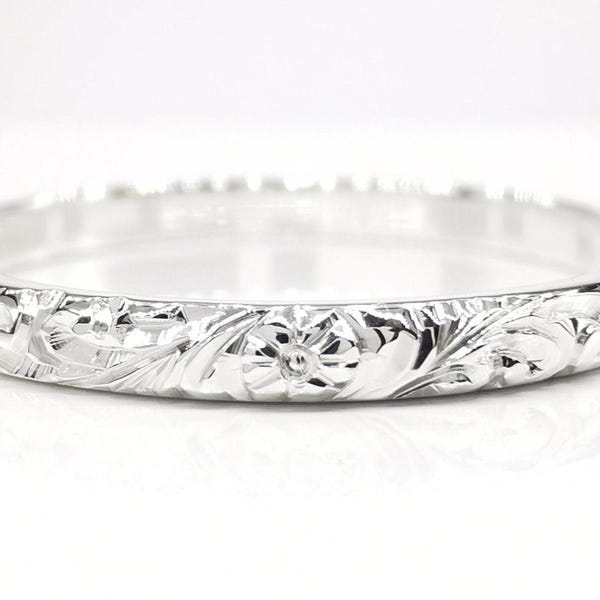Hand Engraved Dahlia Flower Scroll Ring – 2mm Band, Sterling Silver, Gold, Platinum