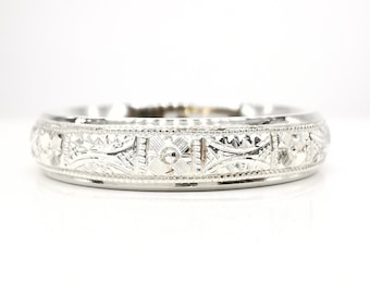 Lucy - Hand Engraved Flower & Mill grain  Ring 4mm available in 950 Platinum, 18ct ad 9ct White, Rose or Yellow Gold and 925 Silver