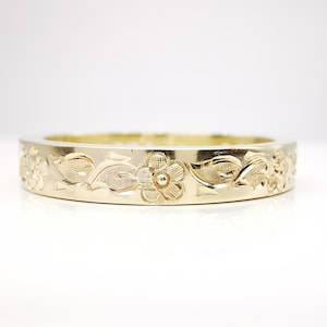 Nora - Shaded Flower & Leaf Hand Engraved 3mm Ring available in 950 Platinum, 18ct and 9ct White, Rose or Yellow Gold, 925 Sterling Silver