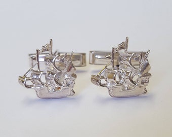 Galleon Cufflinks in 925 Sterling Silver  (personalise with initials & a date on the swivel for FREE)