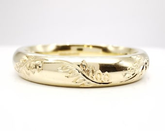Silas - Hand Engraved Leaf Branch Ring 4mm available in 950 Platinum, 18ct and 9ct White, Rose or Yellow Gold and 925 Sterling Silver