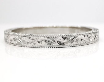 Victoria - Hand Engraved Ring Antique Style Scroll available in 2mm/2.5mm/3mm widths, 950Platinum, 18ct/9ct White/Yellow Gold, 925Silver