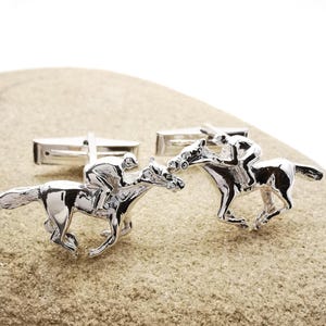 Race Horse & Jockey Silver Cufflinks, solid 925 Sterling cufflinks (personalise with initials and a date on the swivel for FREE)