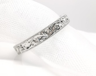 950 Platinum 2.5mm width ring, hand engraved with antique scrolls and milled edges ring - Victoria design