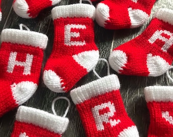 Personalised Knitted Christmas Tree Decoration in red and white (Knitted Christmas Stocking with Initial) (my smallest sized stockings)