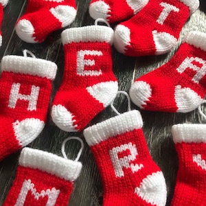 Personalised Knitted Christmas Tree Decoration in red and white Knitted Christmas Stocking with Initial my smallest sized stockings image 1