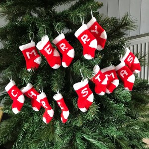 Personalised Knitted Christmas Tree Decoration in red and white Knitted Christmas Stocking with Initial my smallest sized stockings image 6