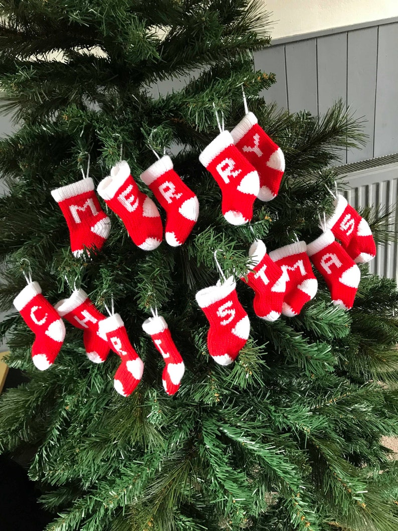 Personalised Knitted Christmas Tree Decoration in red and white Knitted Christmas Stocking with Initial my smallest sized stockings image 6