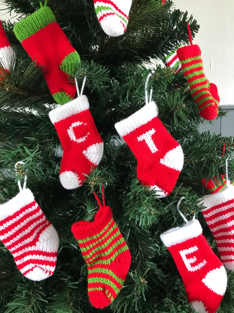 Personalised Knitted Christmas Tree Decoration in red and white Knitted Christmas Stocking with Initial my smallest sized stockings image 4