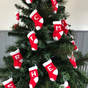 Personalised Knitted Christmas Tree Decoration in red and white Knitted Christmas Stocking with Initial my smallest sized stockings image 2