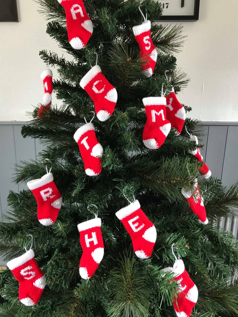 Personalised Knitted Christmas Tree Decoration in red and white Knitted Christmas Stocking with Initial my smallest sized stockings image 2