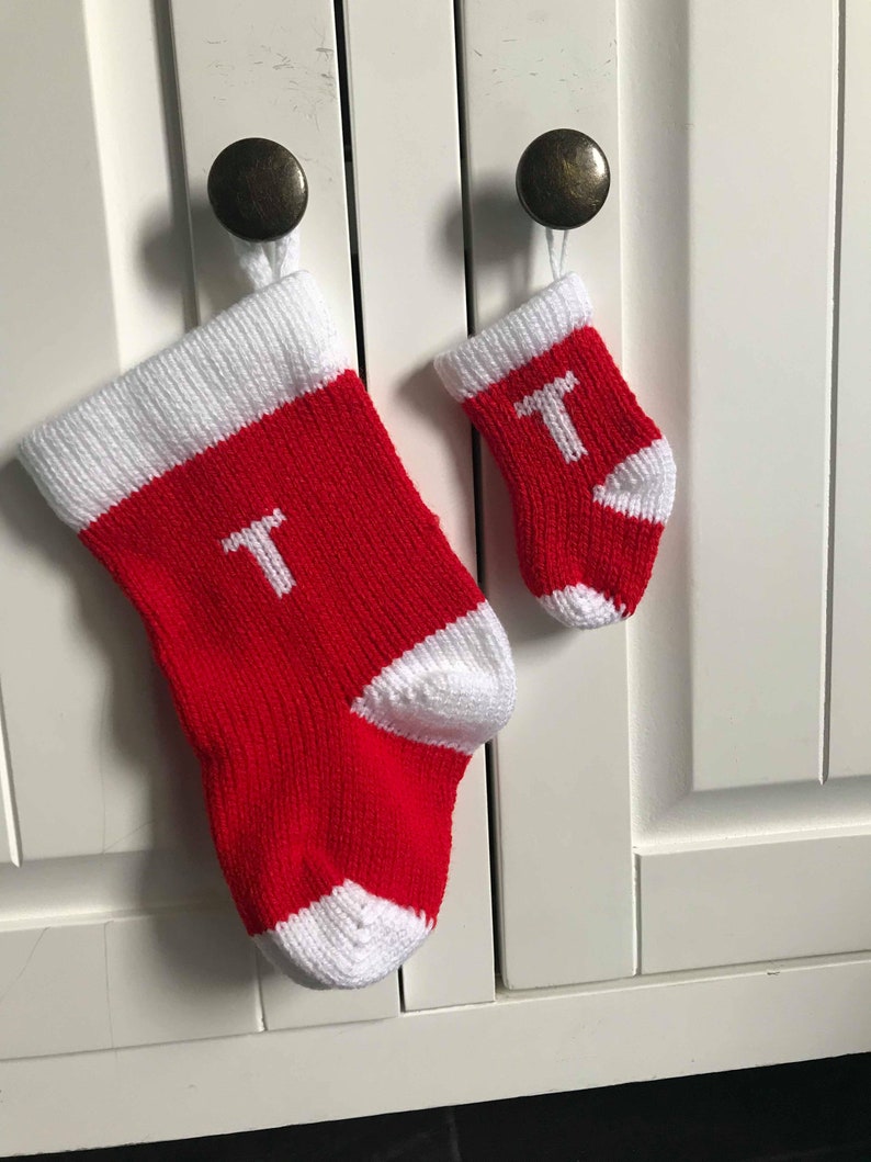 Personalised Knitted Christmas Tree Decoration in red and white Knitted Christmas Stocking with Initial my smallest sized stockings image 7