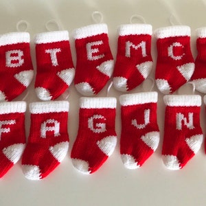 Personalised Knitted Christmas Tree Decoration in red and white Knitted Christmas Stocking with Initial my smallest sized stockings image 8