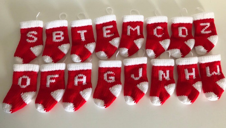 Personalised Knitted Christmas Tree Decoration in red and white Knitted Christmas Stocking with Initial my smallest sized stockings image 8