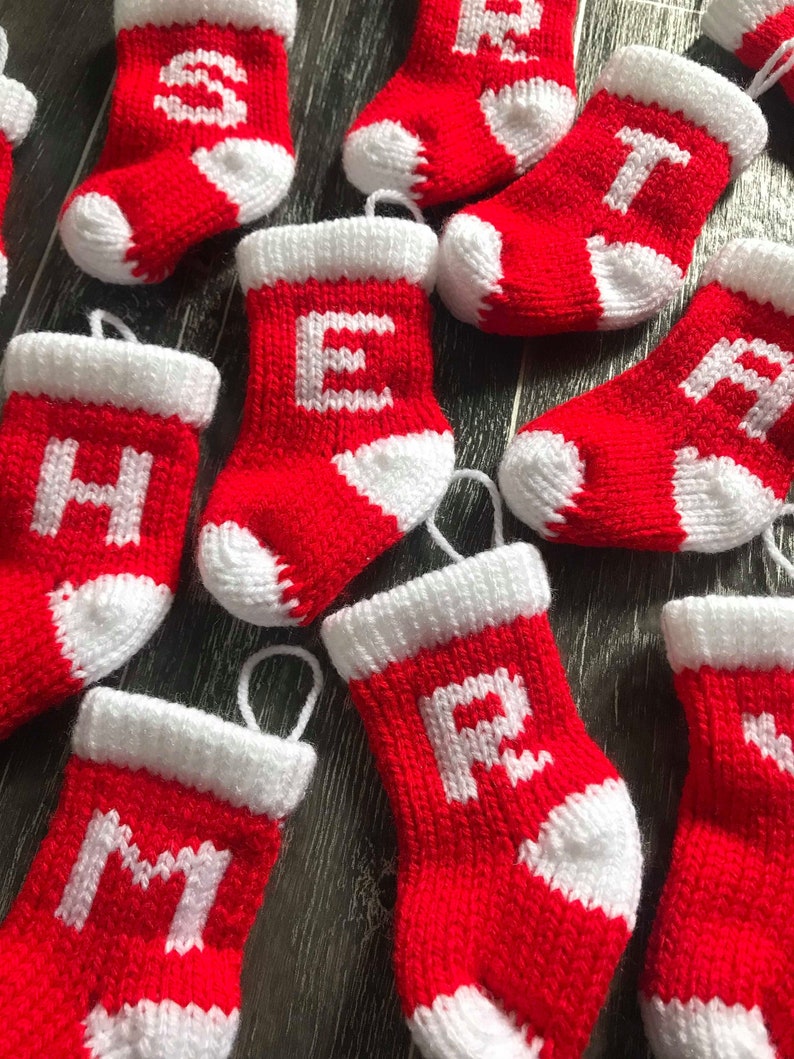 Personalised Knitted Christmas Tree Decoration in red and white Knitted Christmas Stocking with Initial my smallest sized stockings image 1