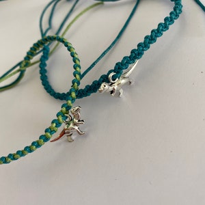 May include: Two friendship bracelets with dinosaur charms. One bracelet is teal and the other is teal and green.