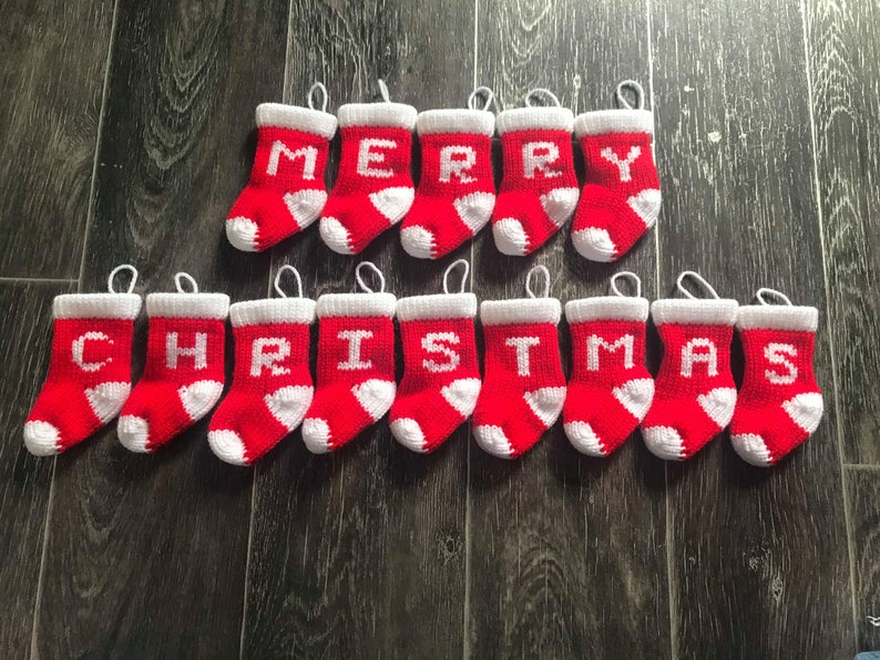 Personalised Knitted Christmas Tree Decoration in red and white Knitted Christmas Stocking with Initial my smallest sized stockings image 3