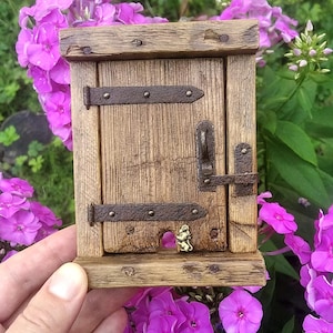 Handmade fairy door, miniature mouse door, aged rustic wood decor, tiny woodland door with opening hinge and mouse figurine