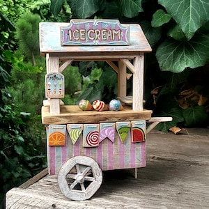 Miniature Dollhouse Food Cart, Wooden Ice Cream Cart, furniture for dolls Barbie Blythe, 1:12th Ice Cream Parlour, mini Candy Market Cart