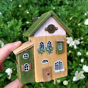 Tiny Houses, wooden cottage with clock figurine, driftwood house, coastal decor