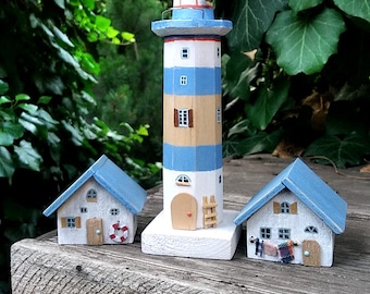 Case al mare con faro, decorazioni costiere in legno galleggiante, miniature nautiche