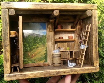 Diorama de una casa de madera en miniatura con gansos - Rincón de lectura, regalo para amantes de los libros