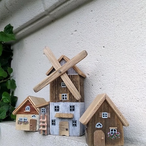 Miniature Rustic Primitive Wood Houses Set of 3, tiny houses, wooden houses, rustic village decor, country farmhouse decor, windmill, mill