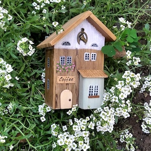 Miniature House with a Lucky horseshoe and flowers, vintage mini wooden cottage