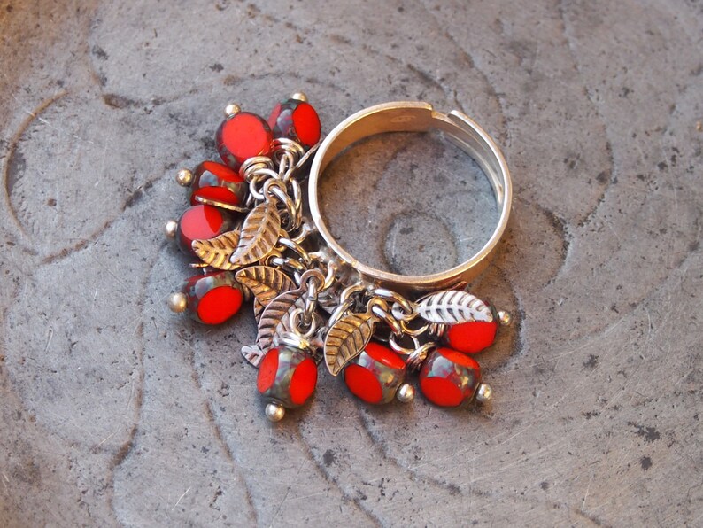 silver ring 925 Silver Ring fire Orange /& small Czech glass beads leaves